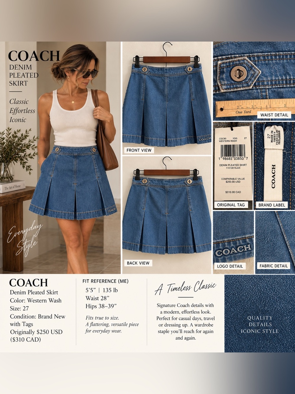 Coach Denim Pleated Skirt Western Wash Size 27 NWT
